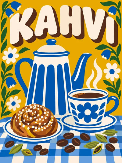 Kahvipannu, kahvikuppi ja pulla numeromaalaus. Retrokuvioinen, värikäs asetelma.