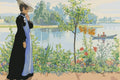 Thumbnail for Numeromaalaus Carl Larssonin teoksesta Karin rannalla: nainen hatussa kukkapenkin ja järven rannalla.