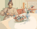Thumbnail for Numeromaalaus Carl Larssonin teoksesta, jossa nainen kuorii omenoita pöydän ääressä kukkien vieressä.