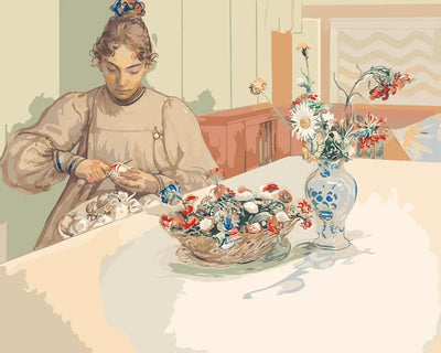 Numeromaalaus Carl Larssonin teoksesta, jossa nainen kuorii omenoita pöydän ääressä kukkien vieressä.