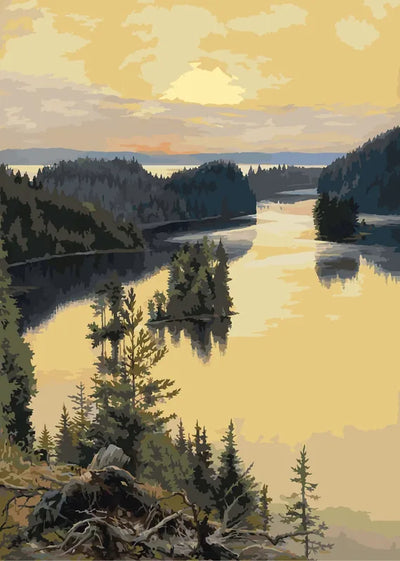 Numeromaalaus Edelfeltin teoksesta, jossa kuusimetsäinen salmi heijastaa keltaista auringonlaskun taivasta.