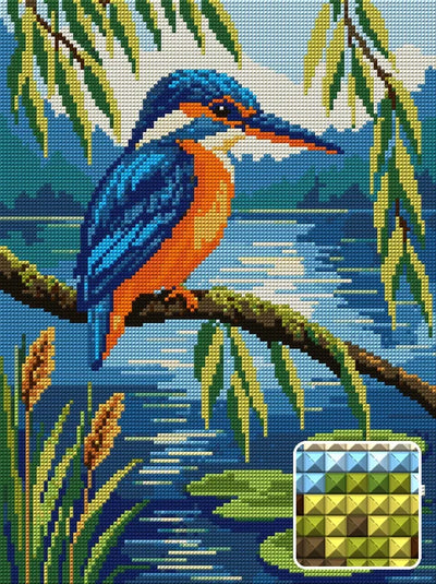 Kingfisher Pond, 30x40 cm timanttimaalaus – lopullisen kuvion esikatselu ja lähikuva neliönmuotoisista timanteista