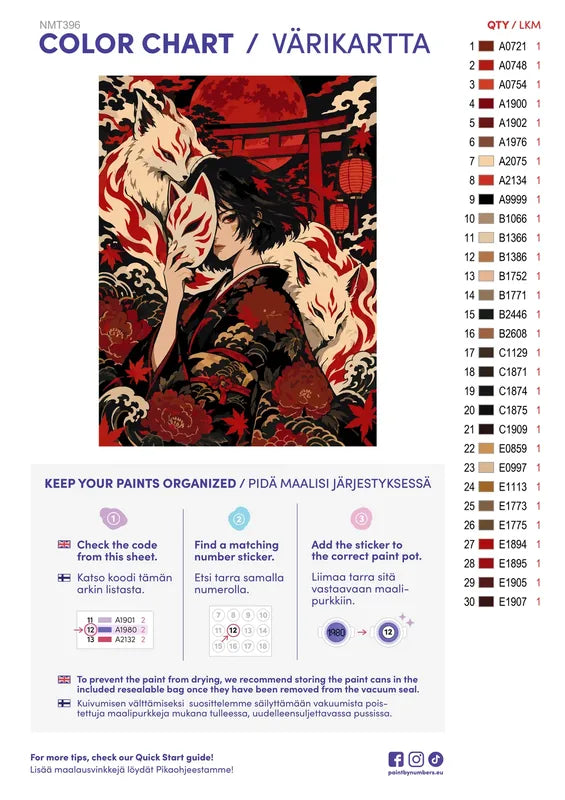 Numeromaalaus: Värikartta ja ohjeet - Kitsune Night 30x40cm
