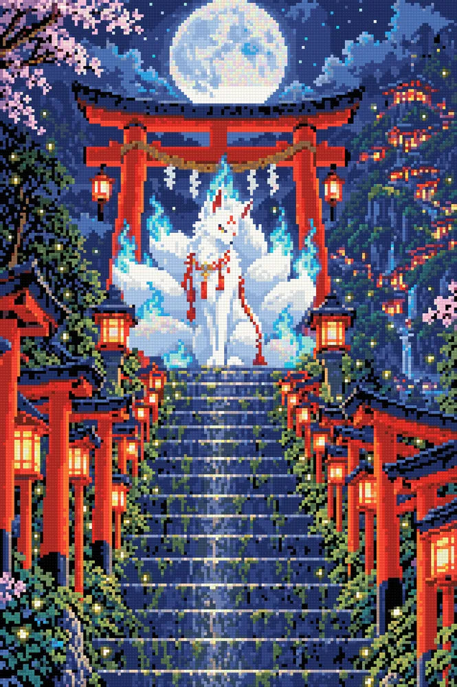 Kitsune Shrine at Night, 40x60 cm timanttimaalaus – lopullisen kuvion esikatselu