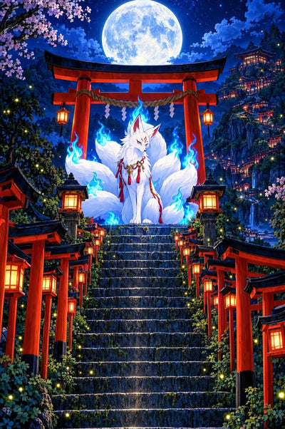 Kitsune Shrine at Night, 40x60 cm timanttimaalaus – alkuperäinen kuva, josta kuvio on tehty