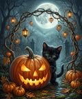 Thumbnail for Timanttimaalaus mustasta kissasta, kurpitsalyhdystä ja täysikuusta halloween-yössä.