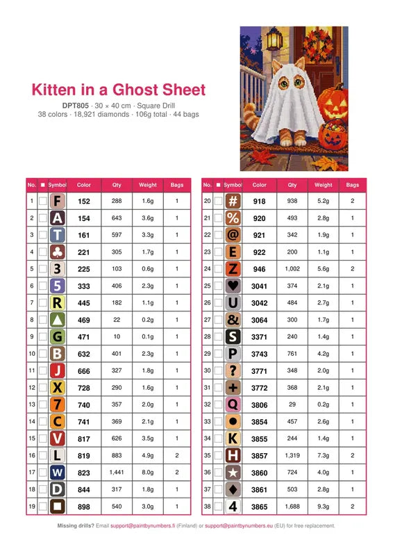 Kitten in a Ghost Sheet timanttimaalauksen värikartta – 38 DMC-väriä