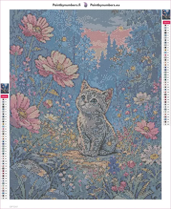 Kitten in Flowers timanttimaalauksen liimapintainen canvas 40x50cm