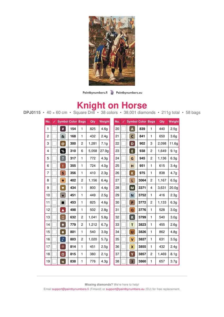 Knight on Horse timanttimaalauksen värikartta – 38 DMC-väriä
