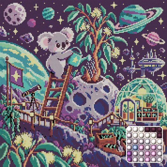 Koala Moon Gardener, 50x50 cm timanttimaalaus – lopullisen kuvion esikatselu ja lähikuva pyöreistä timanteista