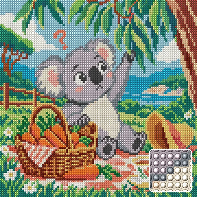 Koala with the Wrong Picnic, 30x30 cm timanttimaalaus – lopullisen kuvion esikatselu ja lähikuva pyöreistä timanteista