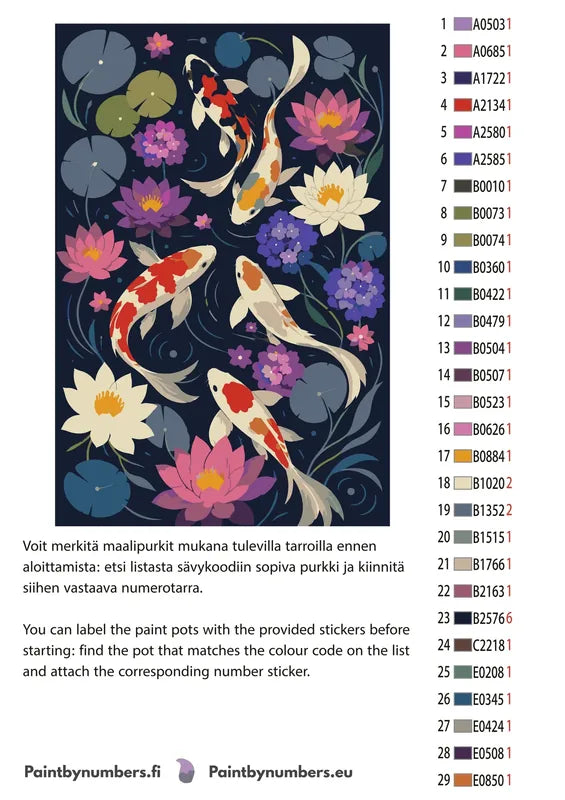 Värikartta ja ohjeet - Koi Fish and Water Lilies 40x60cm
