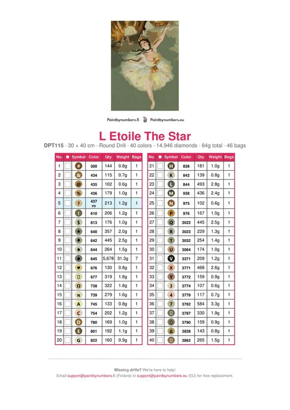 L Etoile The Star timanttimaalauksen värikartta – 40 DMC-väriä