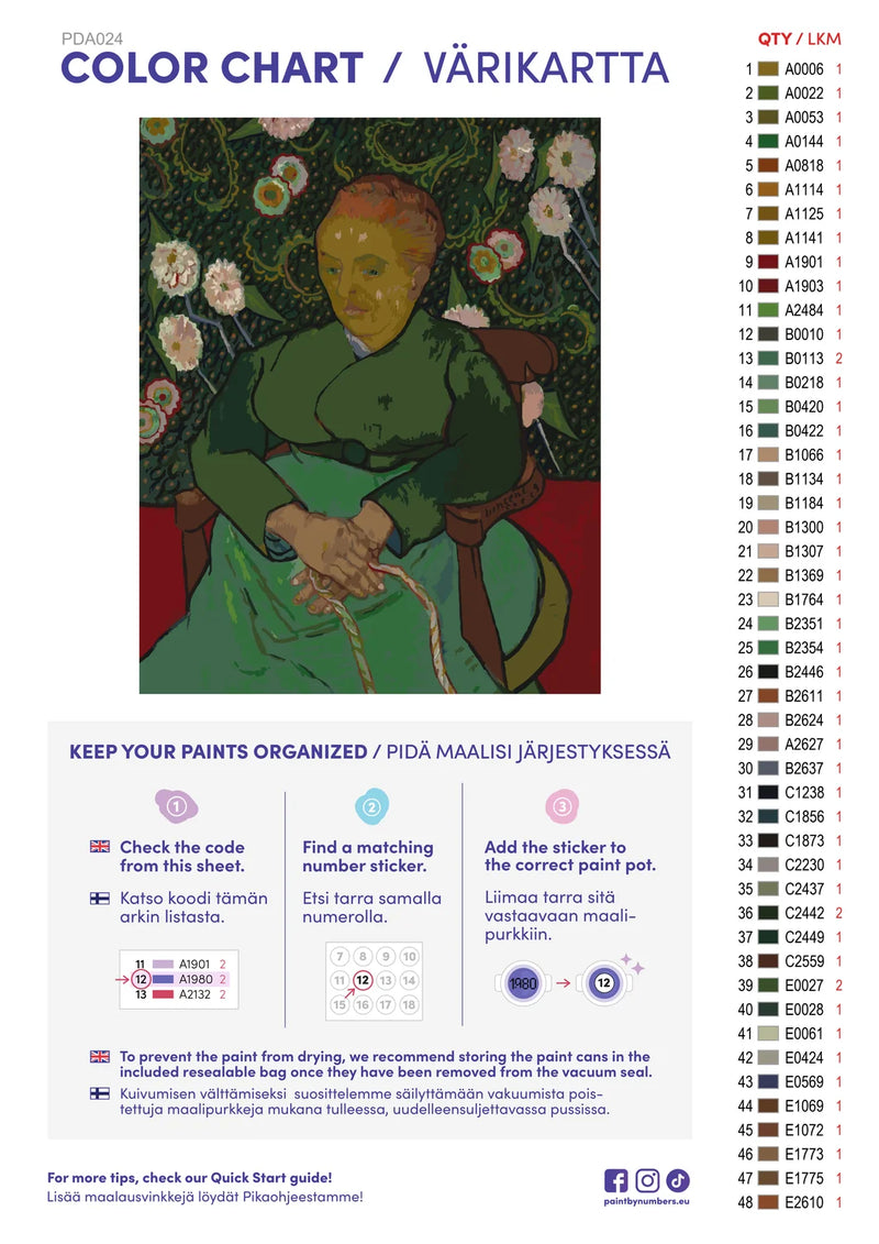 Paint by numbers color chart - La Berceuse - väriluettelo ja ohjeet