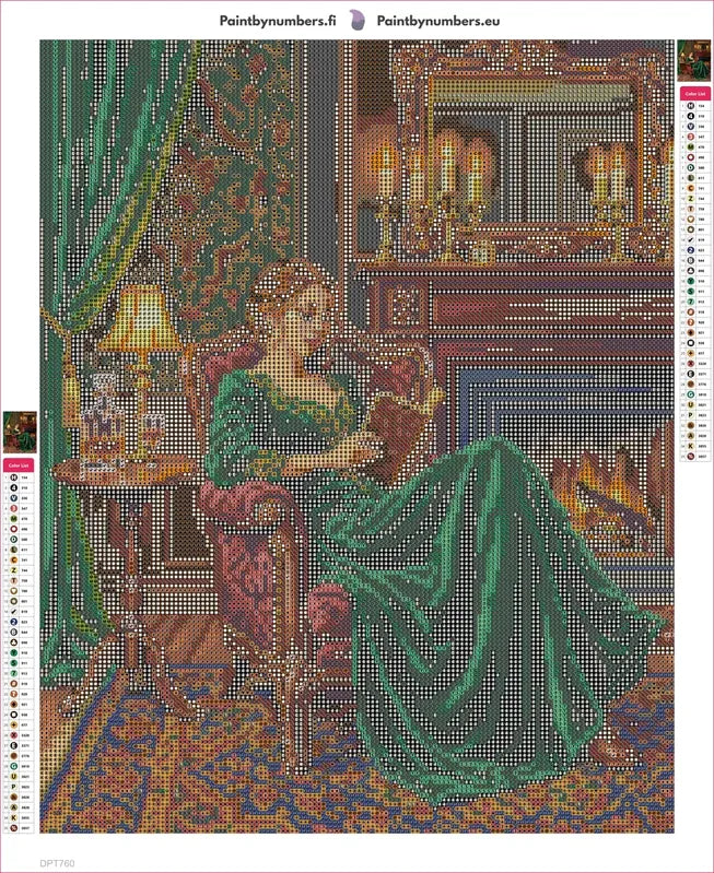 Lady Reading by Fireplace timanttimaalauksen liimapintainen canvas 40x50cm