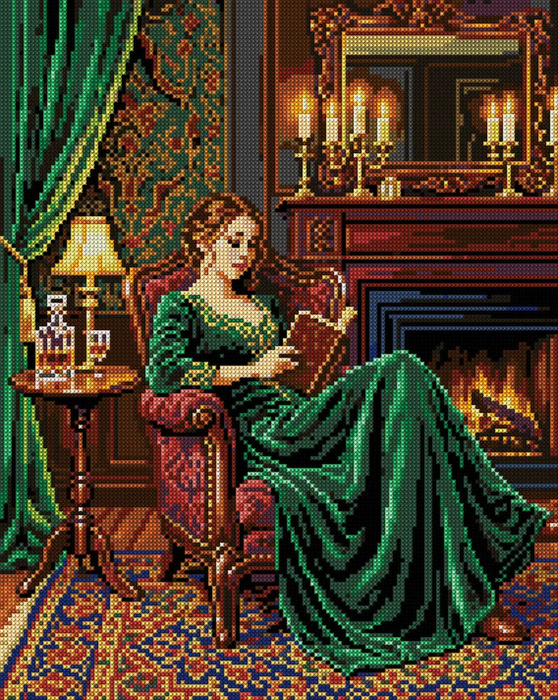 Lady Reading by Fireplace, 40x50 cm timanttimaalaus – koko kuvion esikatselu ilman lähikuvaa