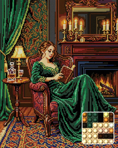 Lady Reading by Fireplace, 40x50 cm timanttimaalaus – lopullisen kuvion esikatselu ja lähikuva pyöreistä timanteista