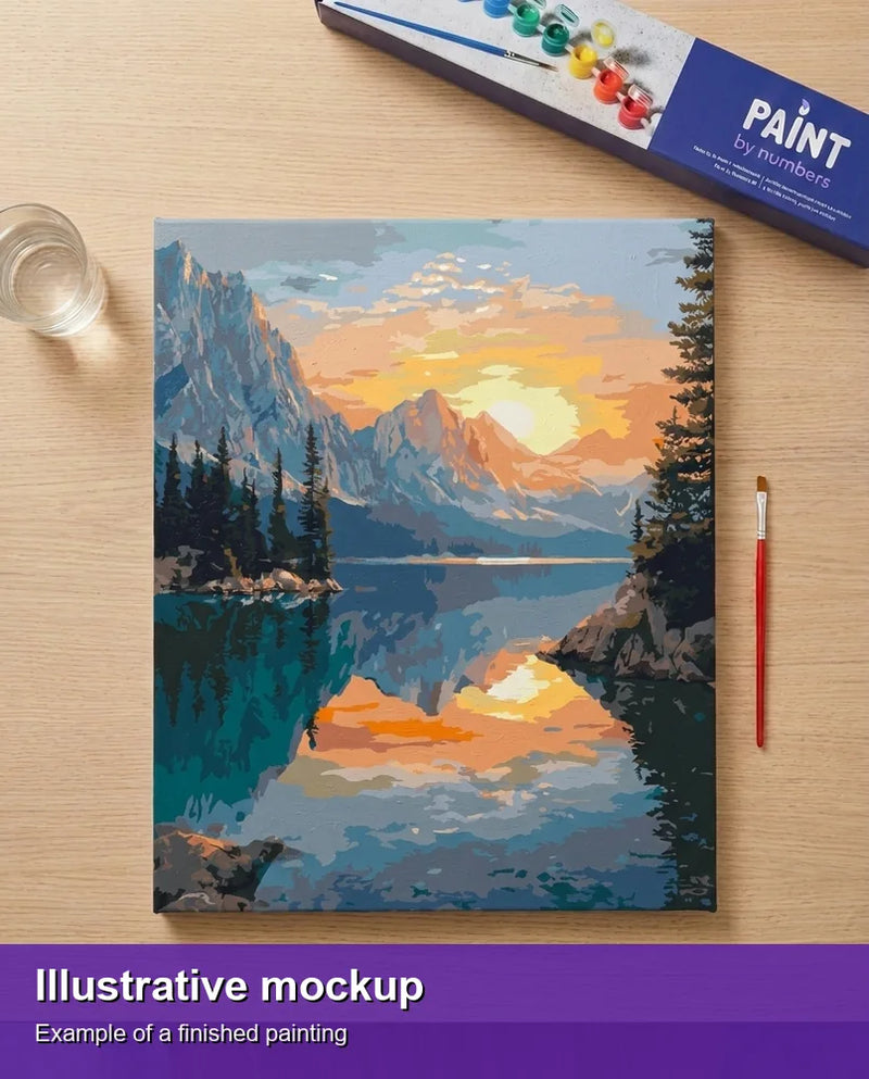 Valmiin numeromaalauksen havainnekuva - Lake Sunrise Reflections 40x50cm