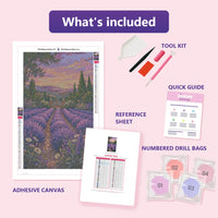 Thumbnail for Lavender Gate 30x50cm timanttimaalauspaketin sisalto: liimapintainen canvas, varikartta, tyokalut ja timanttipussit