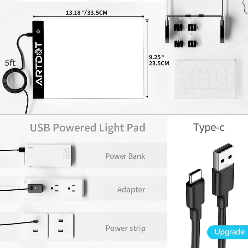 A4 LED-valopöytä tarvikkeineen: teline, USB-kaapeli, klipsit ja helmirasia.