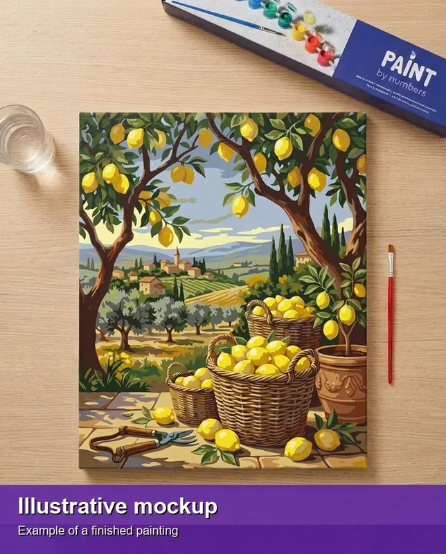 Valmiin numeromaalauksen havainnekuva - Lemon Baskets in Countryside 40x50cm
