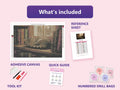 Thumbnail for Library Cat 60x40cm timanttimaalauspaketin sisalto: liimapintainen canvas, varikartta, tyokalut ja timanttipussit