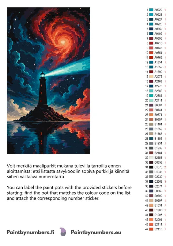 Värikartta ja ohjeet - Lighthouse and Swirling Sky 40x70cm