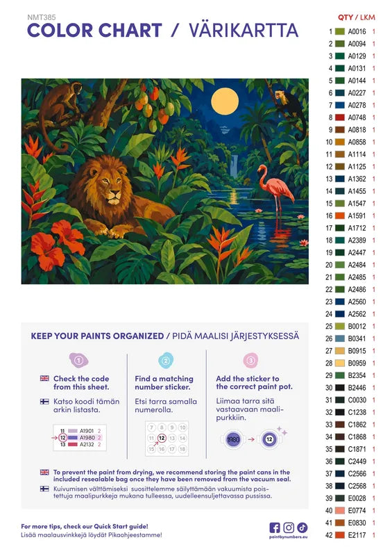 Numeromaalaus: Värikartta ja ohjeet - Lion in the Moonlit Jungle 70x50cm