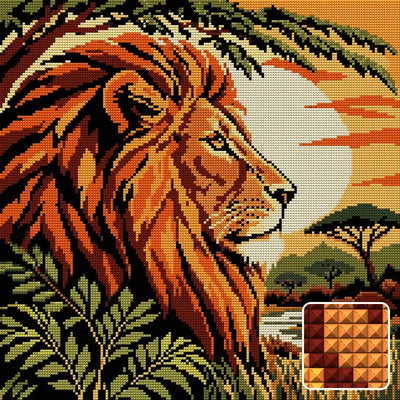 Lion Profile in Copper Leaves, 40x40 cm timanttimaalaus – lopullisen kuvion esikatselu ja lähikuva neliönmuotoisista timanteista