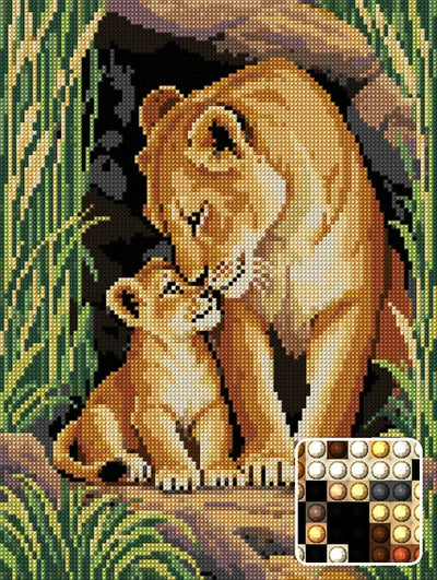 Lioness Cub in the Reed Shelter, 30x40 cm timanttimaalaus – lopullisen kuvion esikatselu ja lähikuva pyöreistä timanteista