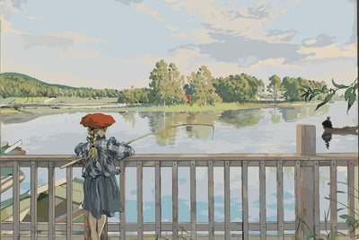 Numeromaalaus Carl Larssonin teoksesta, jossa punabaskerinen tyttö onkii kaiteen takaa tyynellä järvellä.