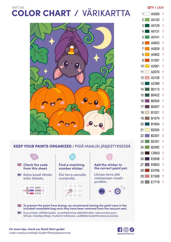 Numeromaalaus: Värikartta ja ohjeet - Little Bat in the Pumpkin Patch 30x40cm