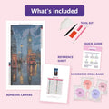 Thumbnail for London Rain 40x80cm timanttimaalauspaketin sisalto: liimapintainen canvas, varikartta, tyokalut ja timanttipussit