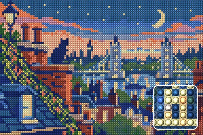 London Rooftop Blue Hour, 30x20 cm timanttimaalaus – lopullisen kuvion esikatselu ja lähikuva pyöreistä timanteista