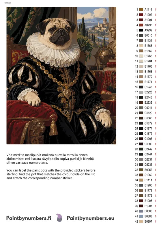 Numeromaalaus: Värikartta ja ohjeet - Lord Pug 40x50cm