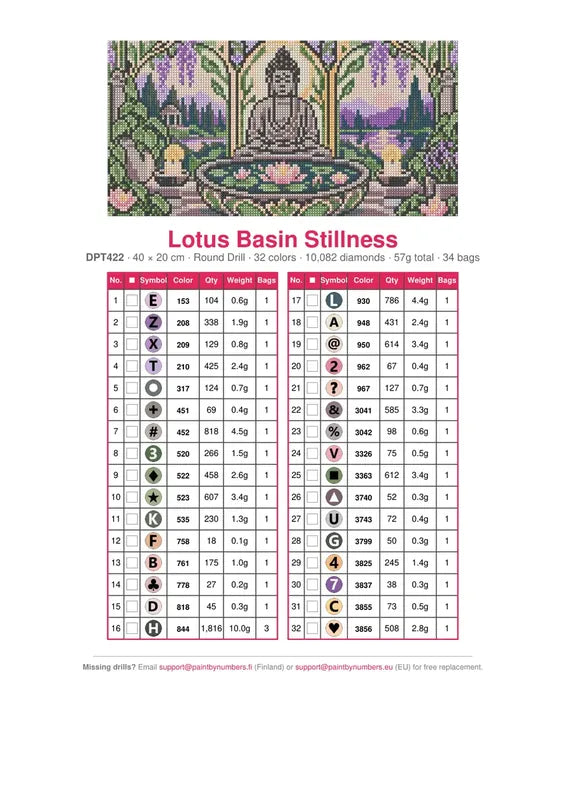 Lotus Basin Stillness timanttimaalauksen värikartta – 32 DMC-väriä