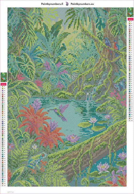 Lush Jungle Pond Wildlife timanttimaalauksen liimapintainen canvas 40x60cm