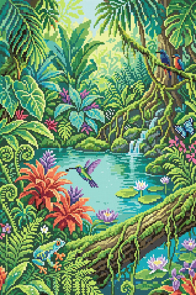 Lush Jungle Pond Wildlife, 40x60 cm timanttimaalaus – lopullisen kuvion esikatselu