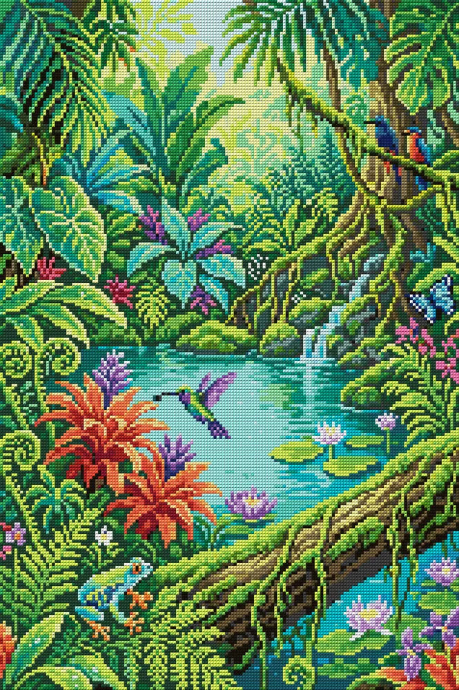 Lush Jungle Pond Wildlife, 40x60 cm timanttimaalaus – koko kuvion esikatselu ilman lähikuvaa