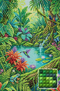 Thumbnail for Lush Jungle Pond Wildlife, 40x60 cm timanttimaalaus – lopullisen kuvion esikatselu ja lähikuva neliönmuotoisista timanteista