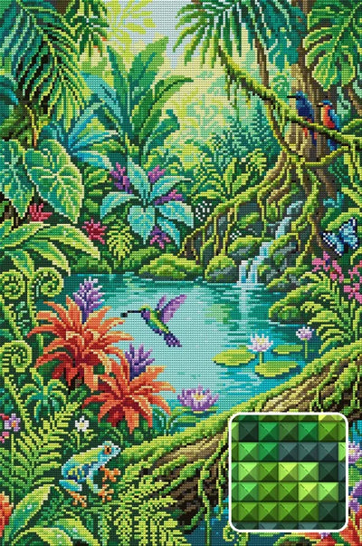Lush Jungle Pond Wildlife, 40x60 cm timanttimaalaus – lopullisen kuvion esikatselu ja lähikuva neliönmuotoisista timanteista