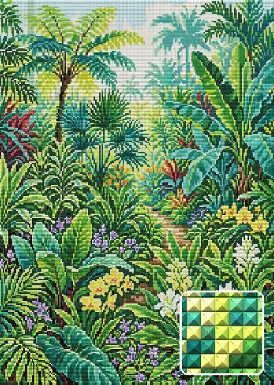 Lush Tropical Jungle Path, 50x70 cm timanttimaalaus – lopullisen kuvion esikatselu ja lähikuva neliönmuotoisista timanteista