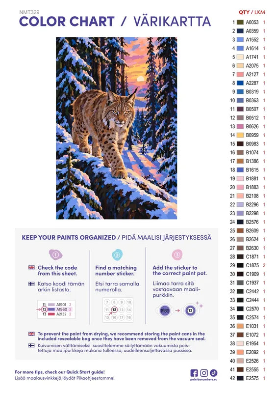 Numeromaalaus: Värikartta ja ohjeet - Lynx in the Snow Forest 40x60cm