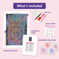 Thumbnail for Lynx Starlight 40x60cm timanttimaalauspaketin sisalto: liimapintainen canvas, varikartta, tyokalut ja timanttipussit