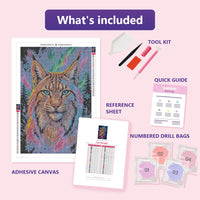 Thumbnail for Lynx Starlight 40x60cm timanttimaalauspaketin sisalto: liimapintainen canvas, varikartta, tyokalut ja timanttipussit