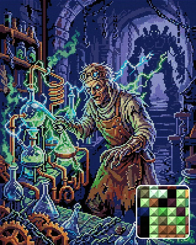 Mad Scientist Laboratory, 40x50 cm timanttimaalaus – lopullisen kuvion esikatselu ja lähikuva neliönmuotoisista timanteista