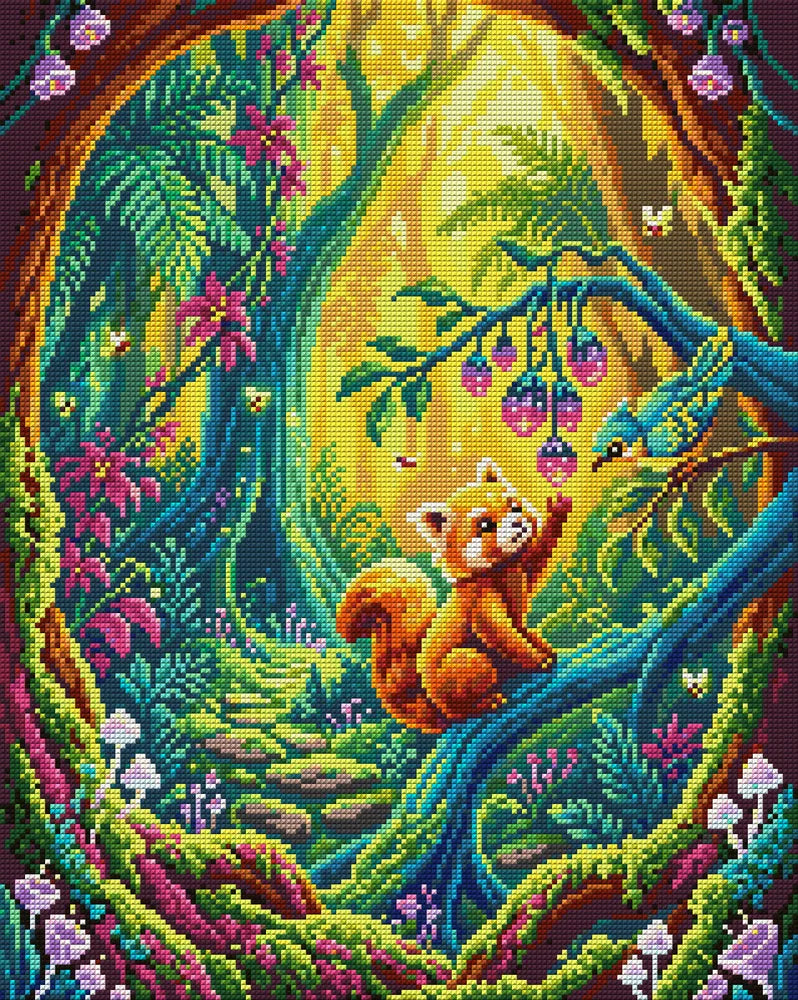 Magical Forest Red Panda, 40x50 cm timanttimaalaus – koko kuvion esikatselu ilman lähikuvaa