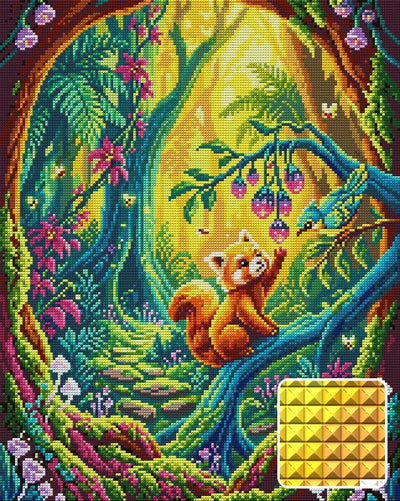 Magical Forest Red Panda, 40x50 cm timanttimaalaus – lopullisen kuvion esikatselu ja lähikuva neliönmuotoisista timanteista