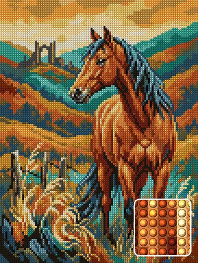 Majestic Horse in Autumn Hills, 30x40 cm timanttimaalaus – lopullisen kuvion esikatselu ja lähikuva pyöreistä timanteista