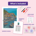 Thumbnail for Manarola Coast 60x90cm timanttimaalauspaketin sisalto: liimapintainen canvas, varikartta, tyokalut ja timanttipussit